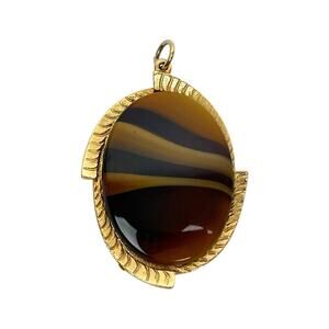 Sarah Coventry Glass Pendant Carameltone Gold Tone Faux Tiger Eye Brown Tan Vtg